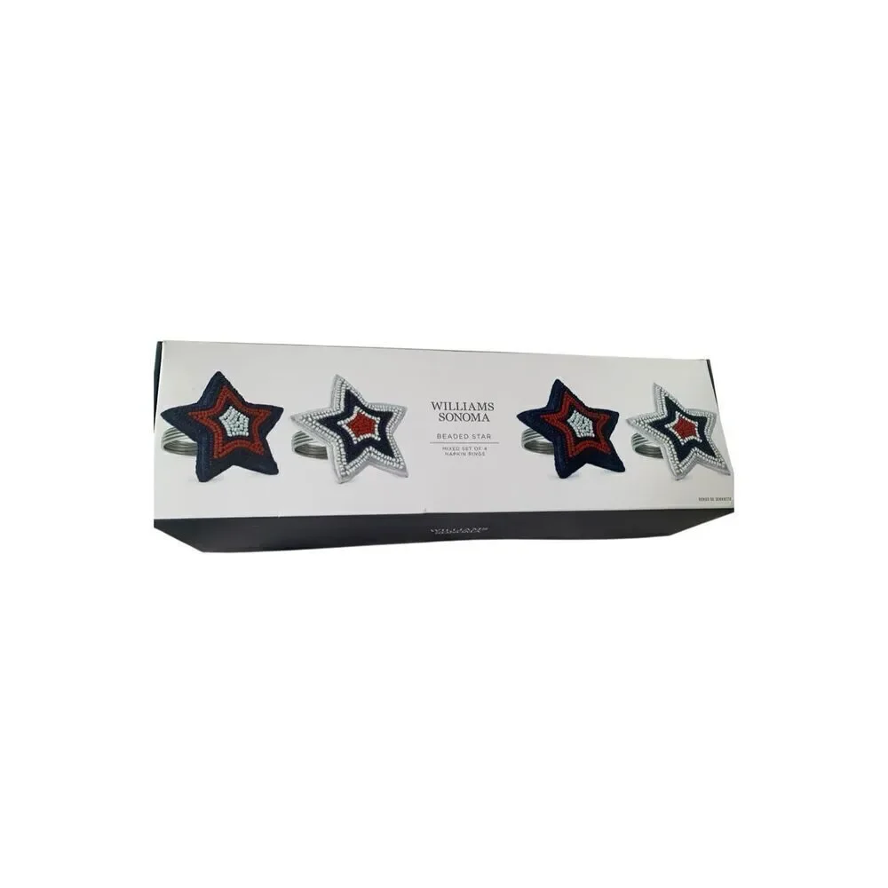 Williams Sonoma Beaded Star Napkin Rings Set of 4 Patriotic Handcrafted